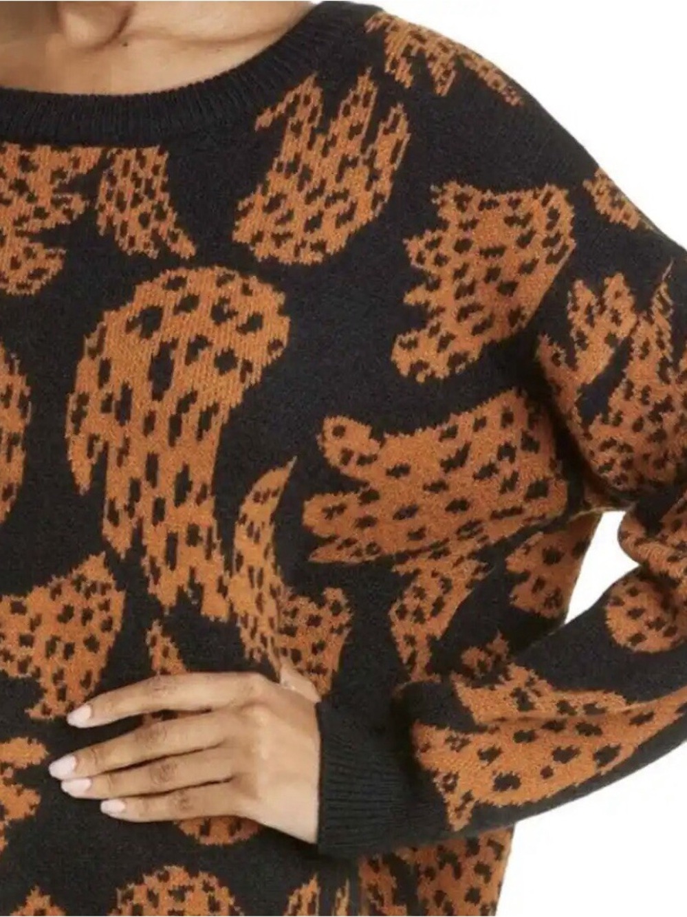 FARM Rio Black Crewneck Sweater with Orange Abstract Animal Print - Picture 5 of 7